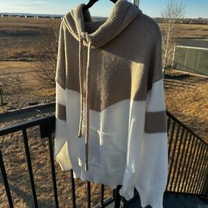 Cowl Neck Sweater in White and Tan